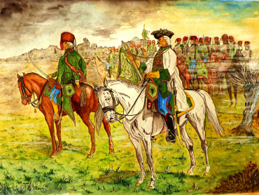 Švadrona husarského pluku „Franz Graf Nádasdy auf Fogaras“ (pozdější pluk č. 9) v pohotovosti. V popředí je trubač v tzv. „německé uniformě“, aby byl k rozeznání od řadových husarů, před ním stojí rytmistr – velitel švadrony. Nádasdyho husaři se zúčastnili přepadu pruského konvoje u Domašova ve dnech 28. – 30. června 1758 jako součást Laudonova sboru. Kresba Haralda Skaly.